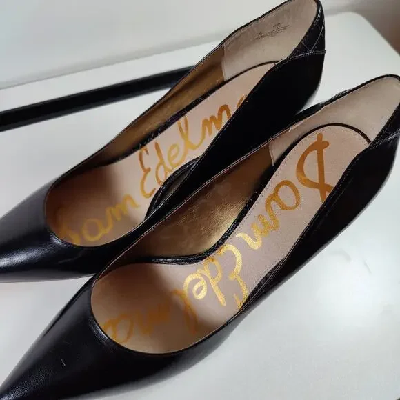 Sam Edelman Black Leather Pointed Toe Stiletto Pumps W13 Classic - Picture 5 of 9